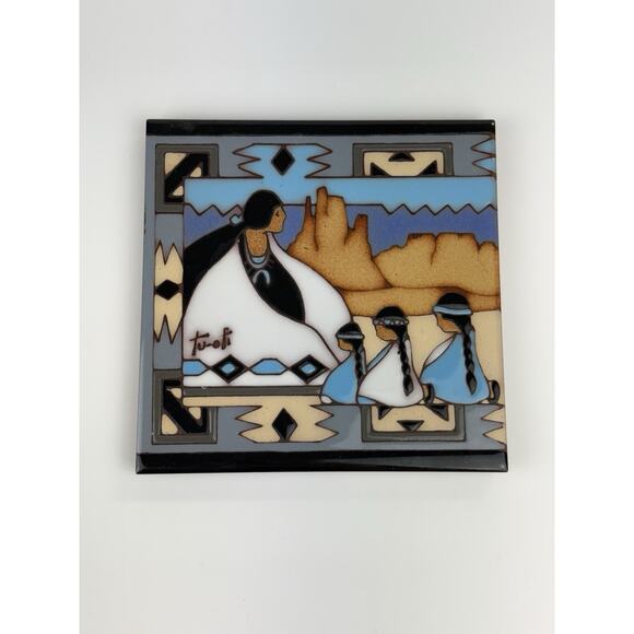 Vtg Earthtones Southwestern Trivet Tile by Tu-ofi Woman And Children Blue 6"x6" - Picture 2 of 10